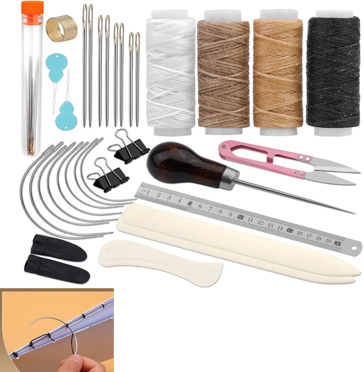 KZQ Professionele 33-delige boekbind- en lederbewerkingsset - Vouwbenen naalden gewaxte draad en priem - Voor handboekbinden reparatie en papierkunst - Inclusief stalen liniaal en naaldset - Geschikt voor beginners en gevorderden