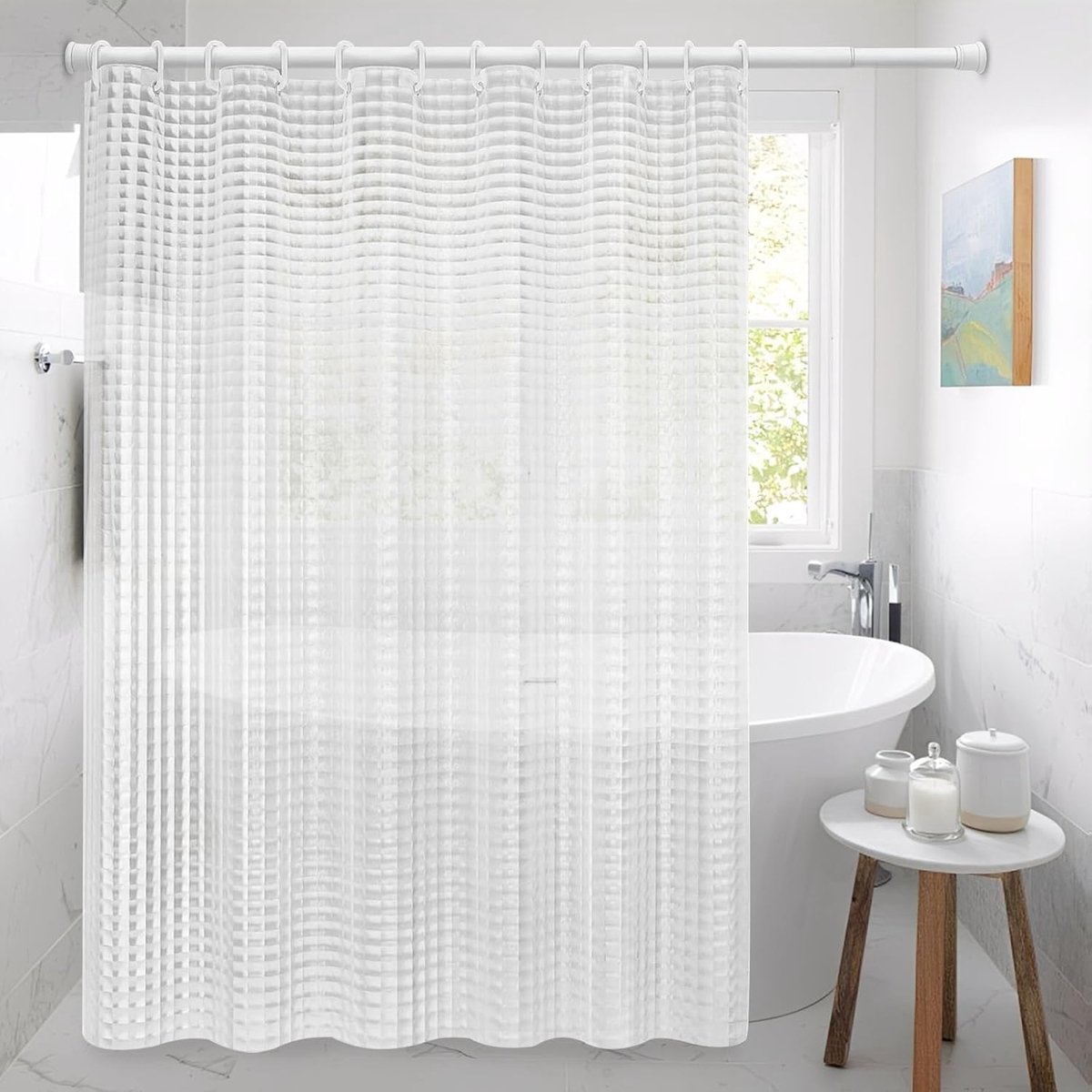SnelShoppen - 200x180cm PEVA Plastic Douchegordijn Waterdicht Antimicrobieel met 12 Haakjes | Translucent 3D Effect Badkamer Gordijn voor Thuis, Hotel