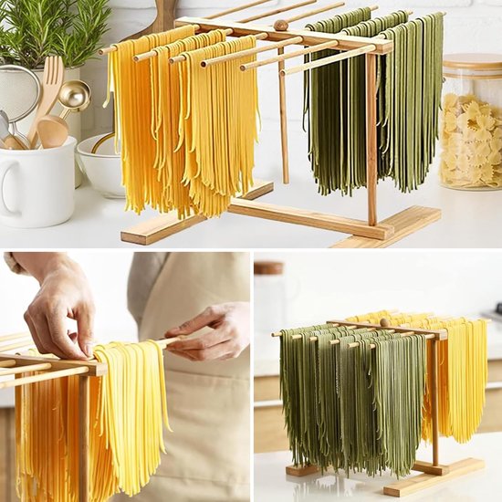 SnelShoppen - FARYODI Pastadroger van Hout, 12 Staven, Opvouwbare Droogstandaard voor Pasta, Herbruikbaar, Met Overdrachtsstang voor Keuken en Feest van Snelshoppen — afbeelding 2