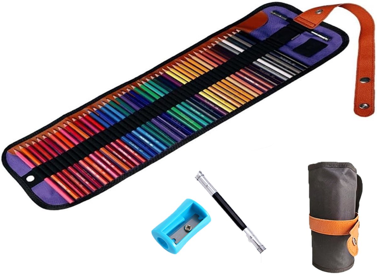KZQ Professionele kleurpotloodset 50 kleuren - Oliegebaseerd met zachte kern - Opbergrol met slijper gum en verlengstuk - Luxe opbergdoos met magneetsluiting - Perfect voor portretten schetsen en landschappen - Voor volwassenen en kinderen