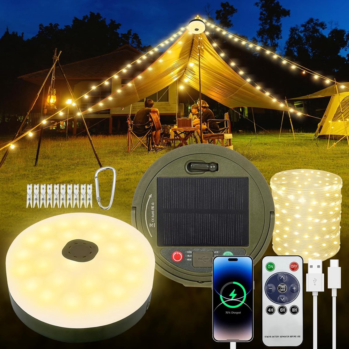 SnelShoppen - Solar Fairy Lights - Oplaadbaar met USB - 2000 mAh - 10 Meter - 8 Verlichtingsmodi - IP65 Spatwaterdicht - Ideaal voor Camping, Tenten e