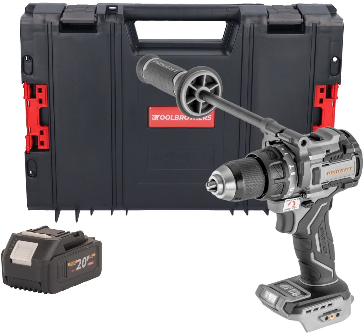 ProCraft Industrial CD20C-BB accu-slagboormachine 20 V 120 Nm borstelloos + 1x accu 4,0 Ah + RHINO-gereedschapskoffer - zonder oplader