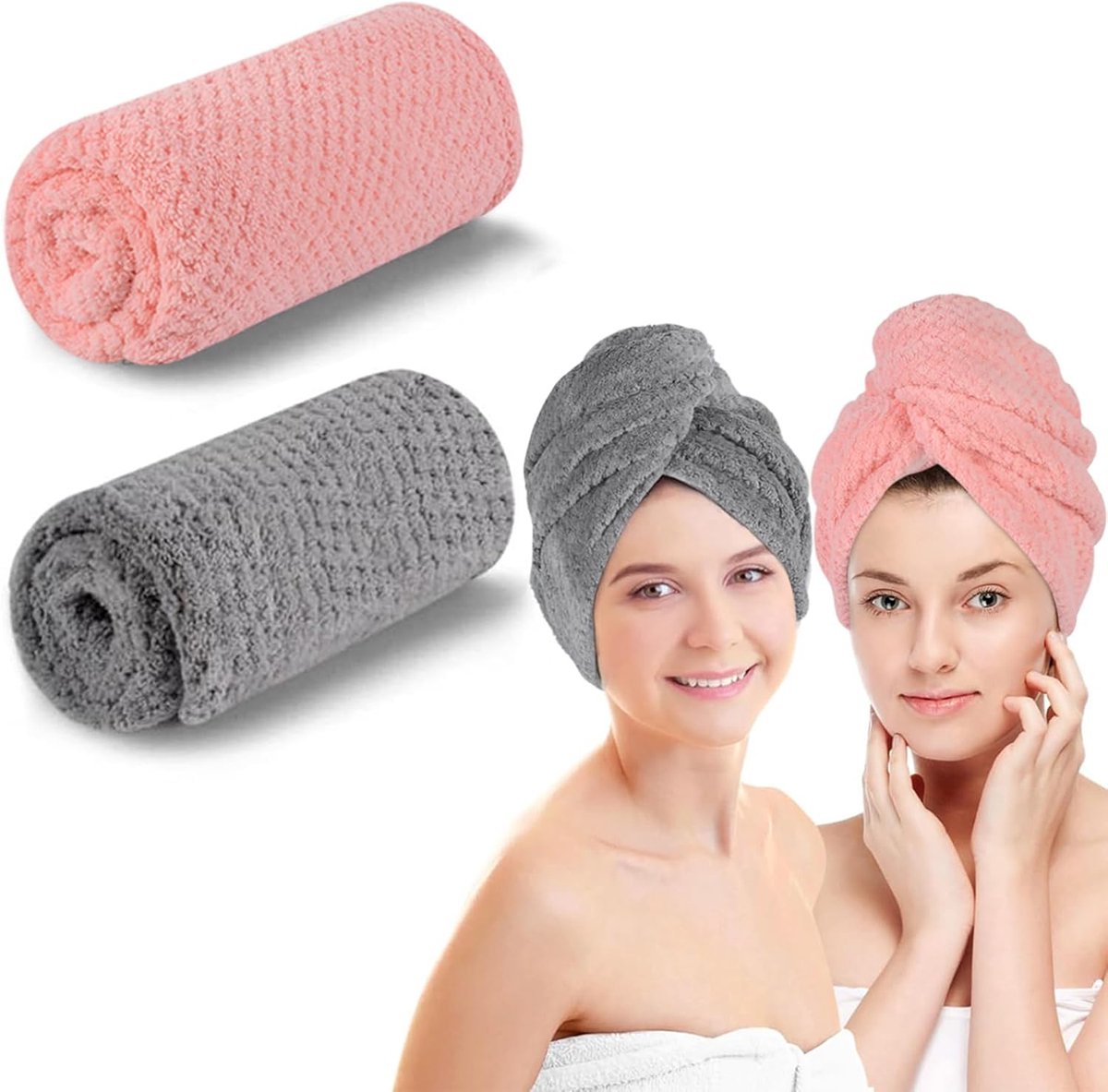 SnelShoppen - Haar Turban Towel Set van 2, Super Absorberend Sneldrogend Microvezel Haarhanddoek met Knoopdesign voor Lang Haar en Krullen (Roze + Gri