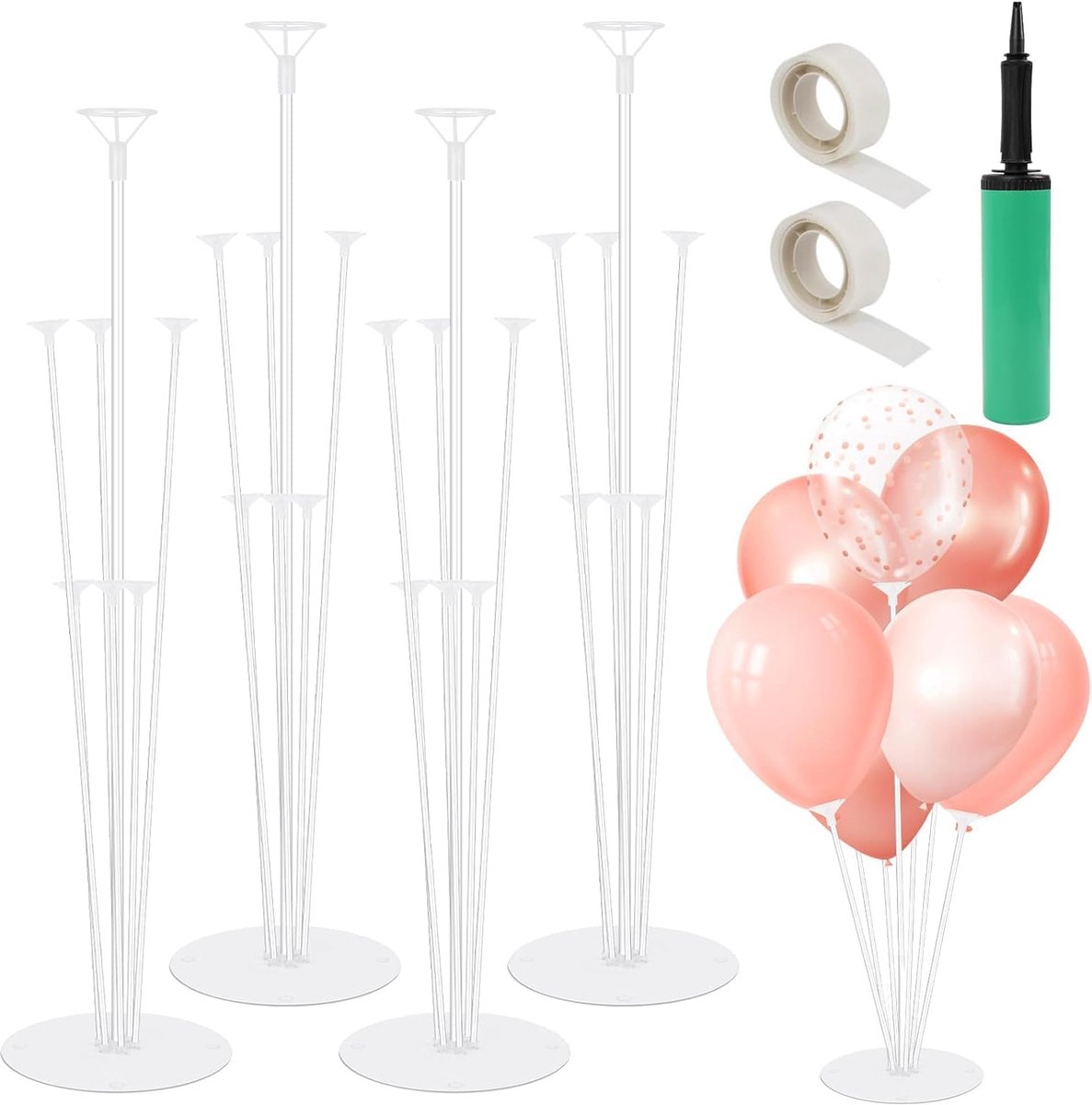 SnelShoppen - Verjaardags Ballonhouder Tafel Ballonhouder (4 Sets) | Opblaasbare Ballonhouder met Basis, Pomp, Stickers voor Feesten, Bruiloften, Verj