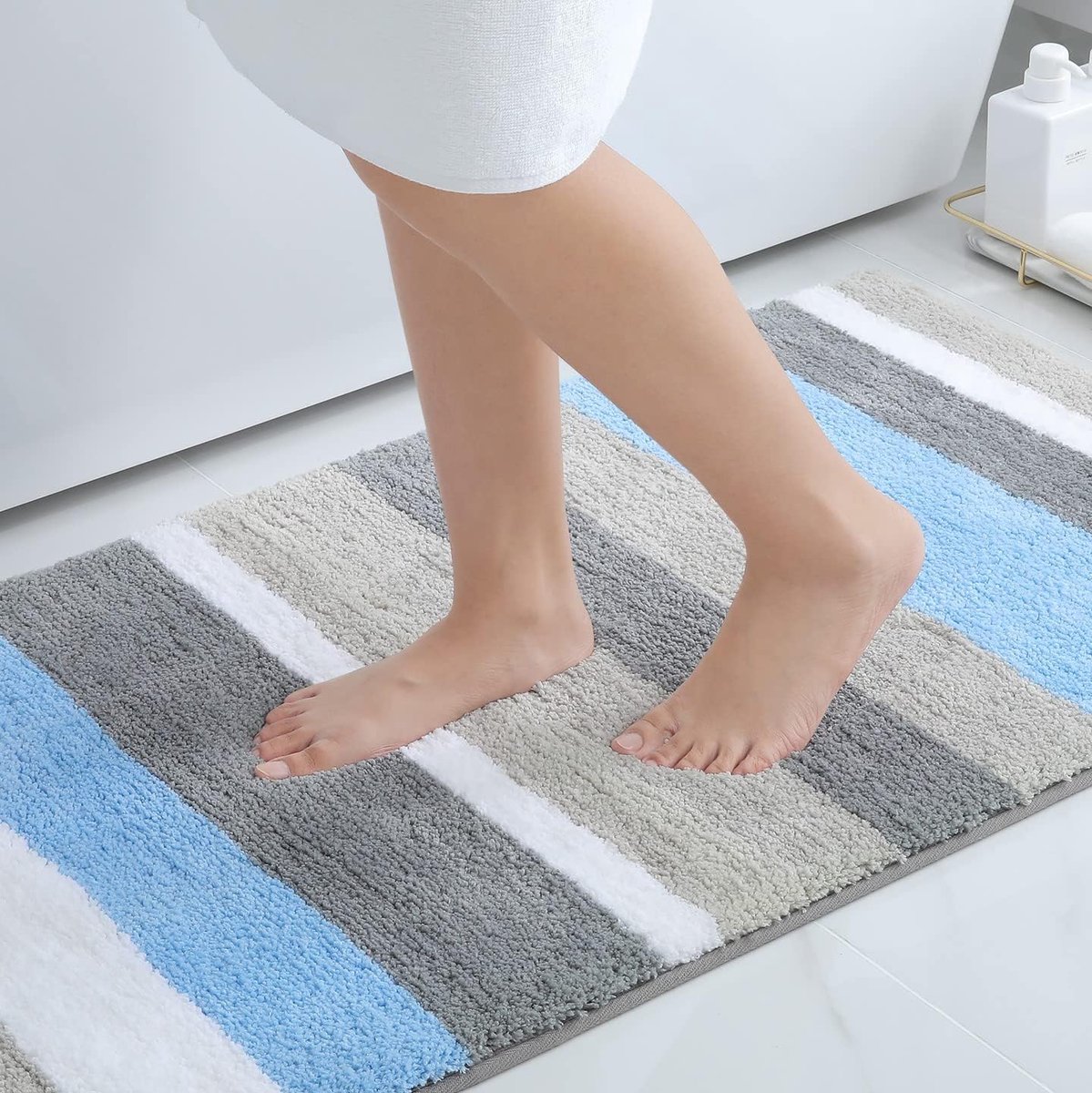 SnelShoppen - Non-Slip Badmat, Zacht Hoogpolig Microvezel Badkleed, Absorberende Wasbare 60 x 120 cm, Blauw/Grijs, Voor Badkamer en Toilet