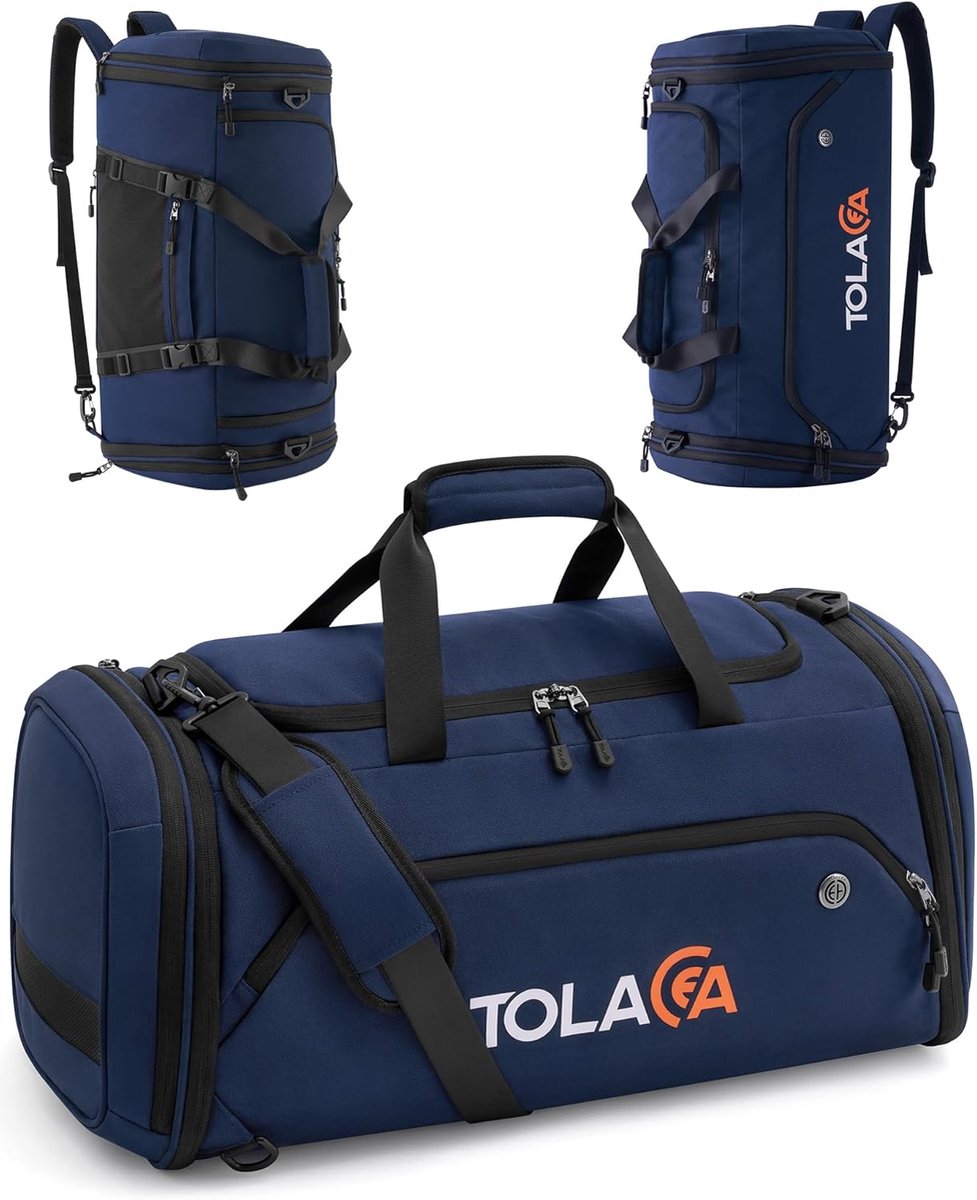 SnelShoppen - Uitbreidbare sporttas 54 - 72 l voor dames en heren, grote reistas met schoenenvak, fitness, gym, zwemmen, sauna, voetbal, blauw