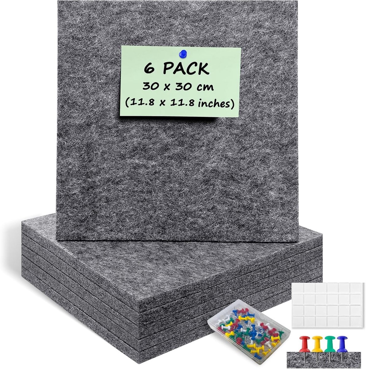 SnelShoppen - 6 Stuks Vilt Bulletin Bord Tegels voor Wanddecoratie, 1/2 Inch Dikke Zelfklevende Pin Display Bord met 60 Kleine Duimspijkers, Kork Vilt