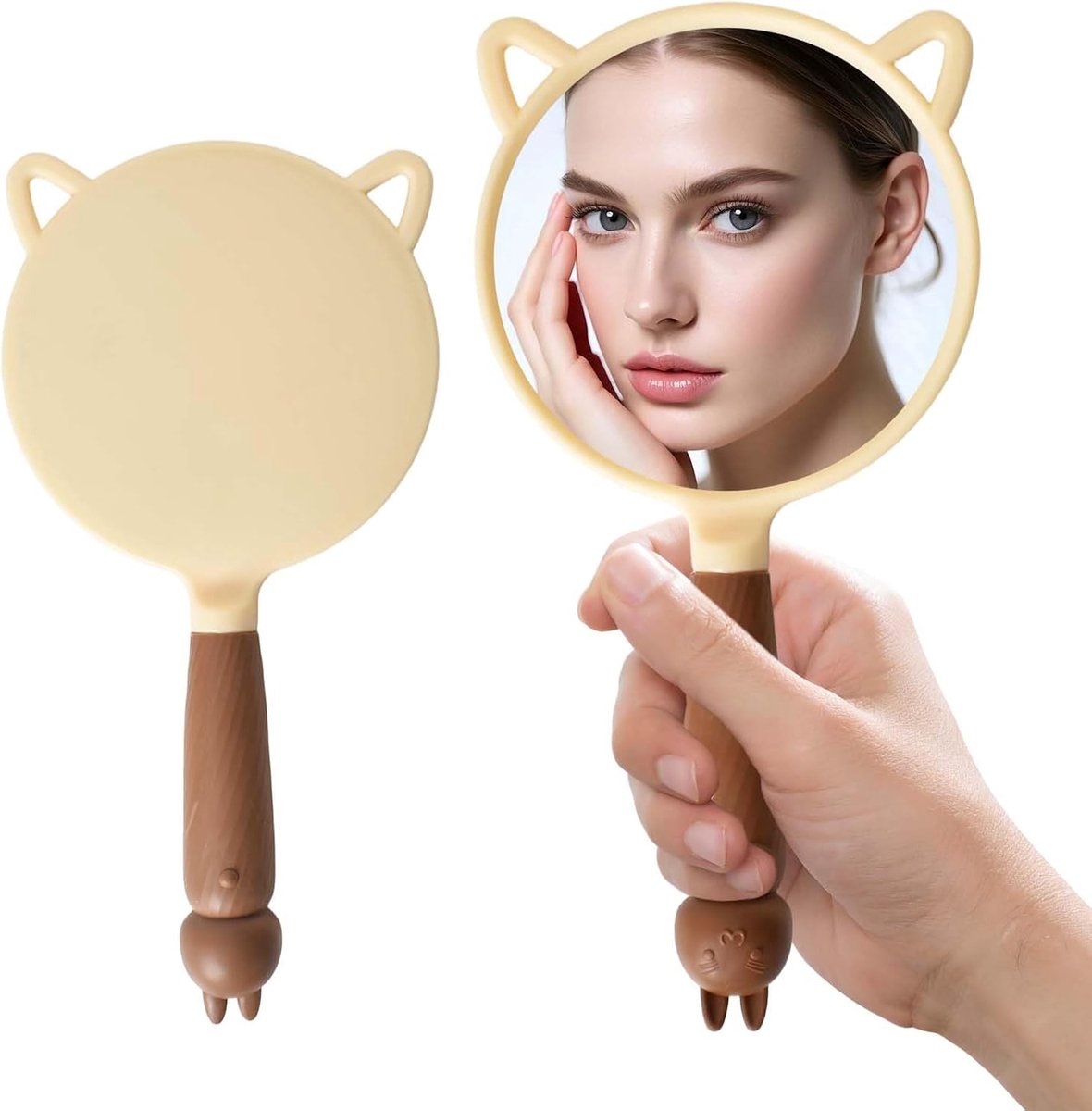 SnelShoppen - Handspiegel met Comfortabele Handle, Draagbare Rond Cosmetische Spiegel voor Make-up, Haarverzorging, Scheren, Coffee Brown