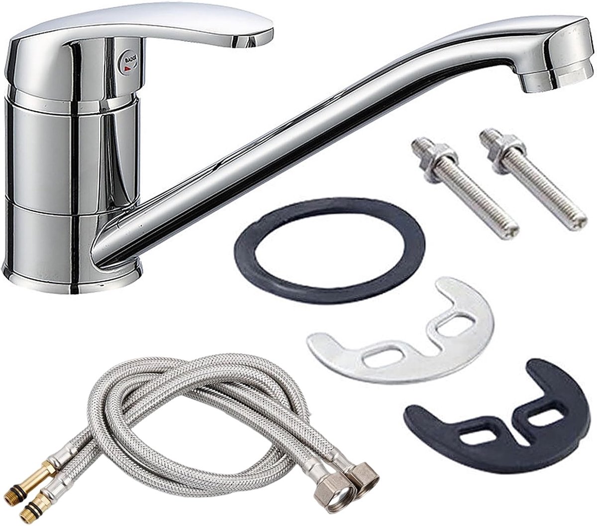 SnelShoppen - Keuken Mengkraan Chroom Enkel Kranen met 360° Draaiende Uitloop, 2 x 60 cm Aansluitslangen, Warm en Koud Water, Perfect voor Keuken en B