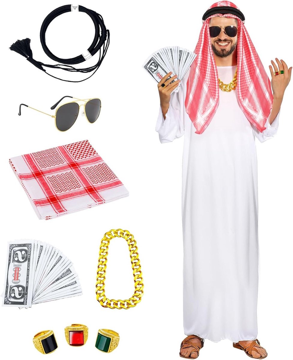 Arabisch kostuum set voor heren met tulband en hoofddoek - perfecte keuze voor Halloween en carnaval