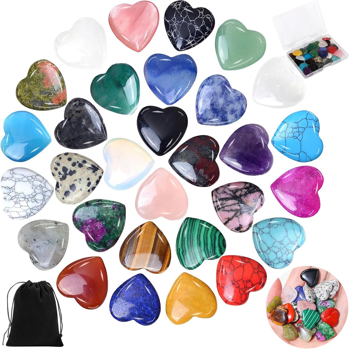 SnelShoppen - 30pcs Hartstenen Set, Geneeskrachtige Kristallen, Rozenkwarts en Kleurrijke Edelstenen, Handverzorging, Geluksstenen voor Meditatie, Har