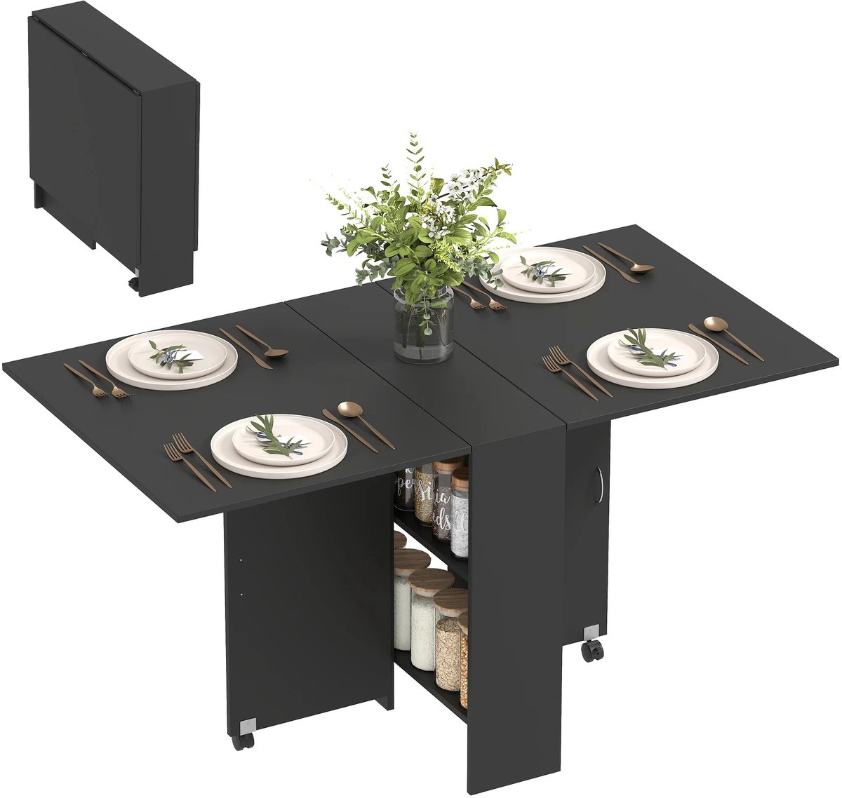 Atlasyx eettafel - Inklapbare tafel - Klaptafel - Keukentafel - Eetkamertafel - Opvouwbare tafel - Met remmen - 140 x 75 cm - Zwart