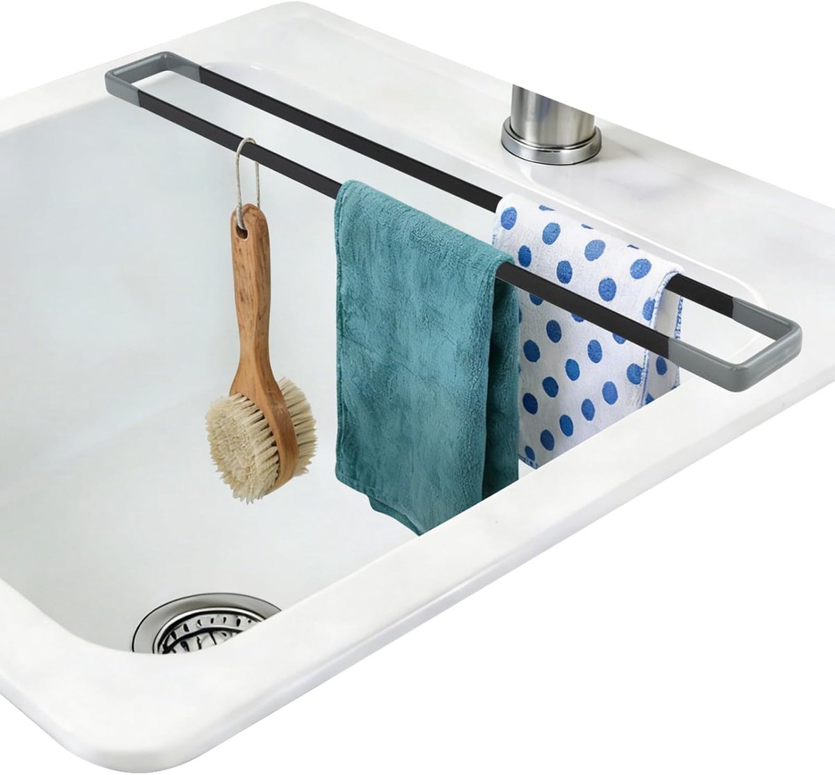 SnelShoppen - Sink Organiser 43 cm, Multifunctionele Afvoerrooster en Vaatdoekhouder van Metaal, Ruimtebesparend en Warmtebestendig voor een Schone Ke