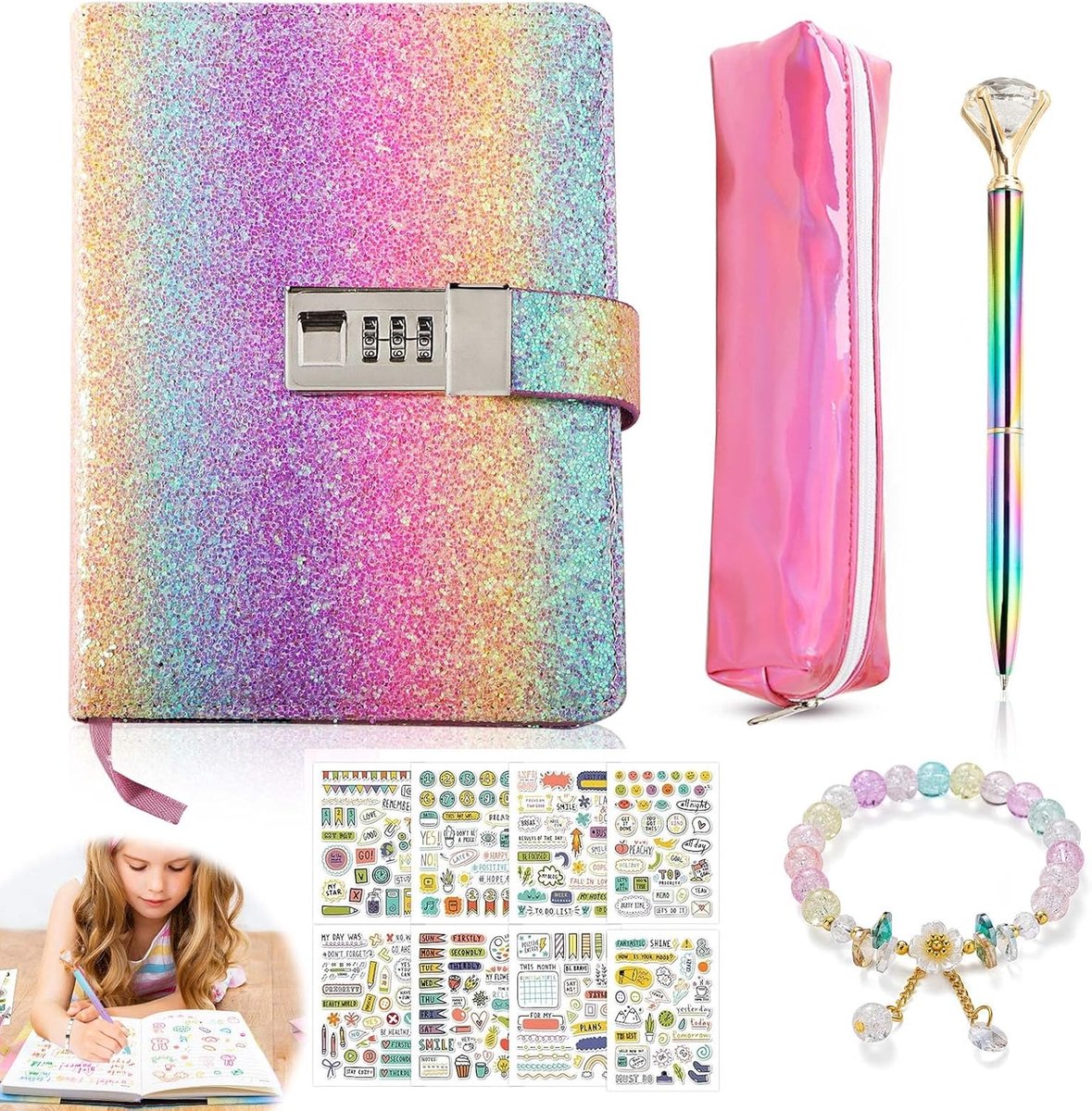 SnelShoppen - Tagebuch mit Schloss voor Meisjes - Notitieboek met Federmäppchen, Stift, Stickers en Bracelet - Perfect Cadeau voor Kinderen en Tieners