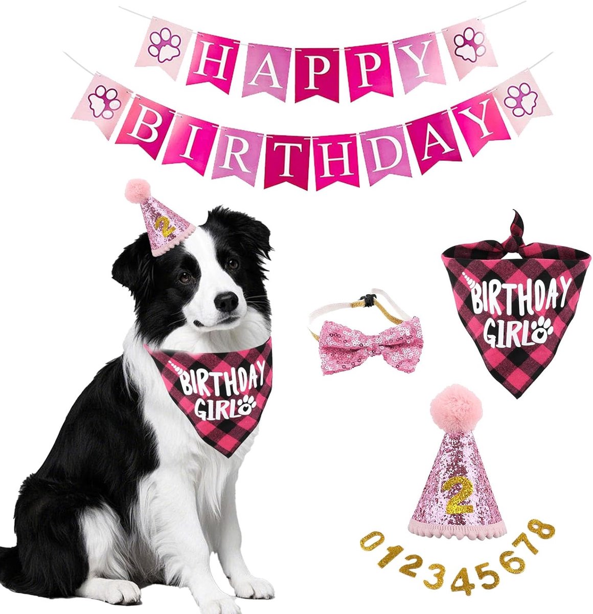 SnelShoppen - Dog Birthday Hat en Bandana Set, 5 Stuks voor Honden, Verjaardag Decoratie met Bling Nummers en Happy Birthday Banner, Geschikt voor Kle
