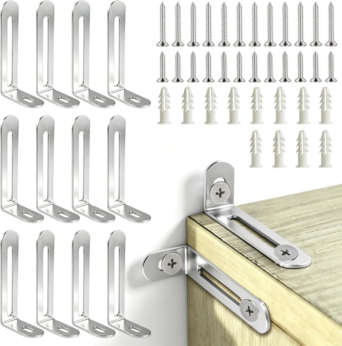 SnelShoppen - 12 stuks Meubelveiligheidsankers, Anti-Neerslag, Hoogwaardig Staal, Zilver, Bescherming Tegen Vallen van Meubels voor Kinderen en Huisdi