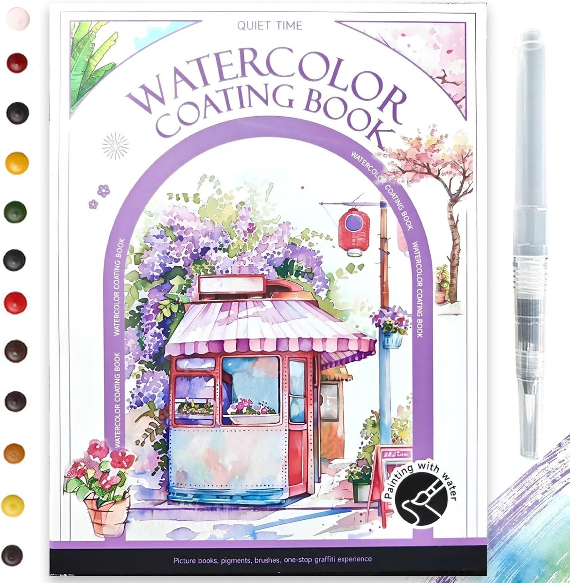 SnelShoppen - Watercolor Workbook voor Beginners, Waterverf Set met 12 Kleuren, Leerboek met Kwasten en Leren Kaft, Creatieve Activiteit voor Kinderen