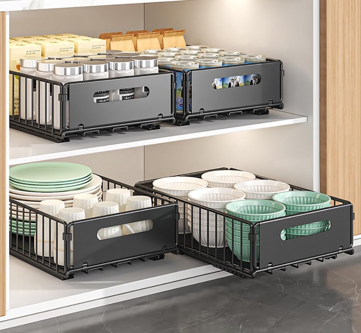 SnelShoppen - Extendable Cabinet Organizer met Sliding Shelves - Keuken Organizer, Geen Boren of Rieven Nodig, Carbon Staal, Zwart, 4 Blokken (38D x 2