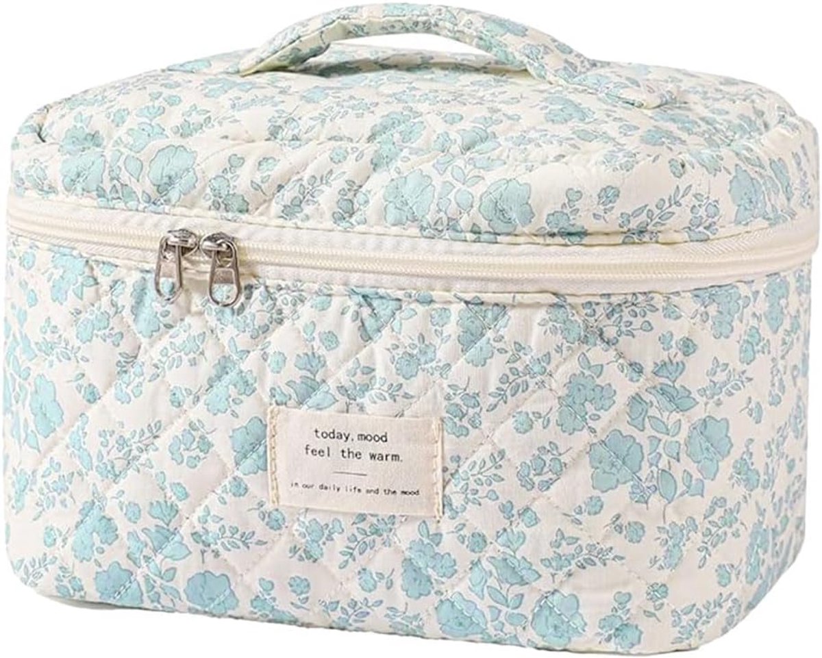 SnelShoppen - Grote Katoenen Makeup Tas Voor Vrouwen Bloemenpatroon Toilettas Reizen Blauw 25cm X 16Cm X 16Cm