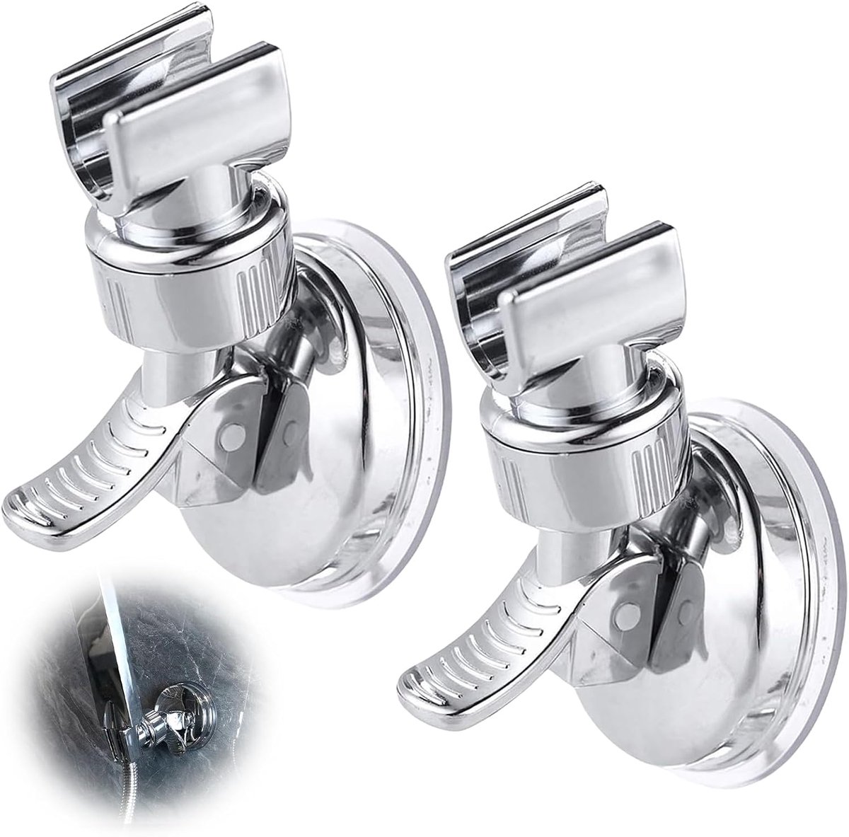 SnelShoppen - 2 Stuks Douchekophouders Zonder Boren - Verstelbare Zuignap, Antislip, Afneembaar, Universele Douchekophouder van ABS-Kunststof (Zilver)