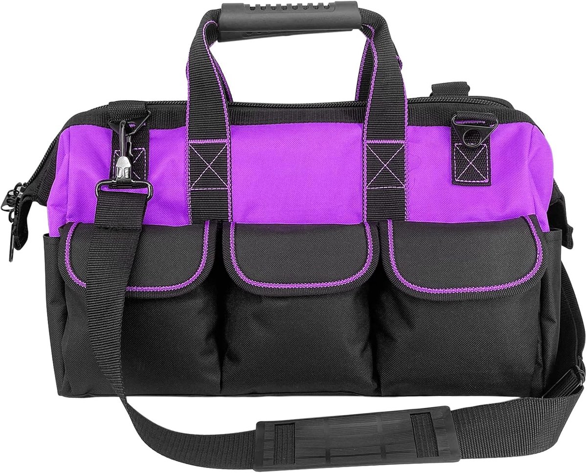 SnelShoppen - Tuin Gereedschap Tas 16" Breed Mond Gereedschap Tote met Vervormde Basis voor Mannen, Zware Kwaliteit 600D Polyester, Paars, 14 Vakken,