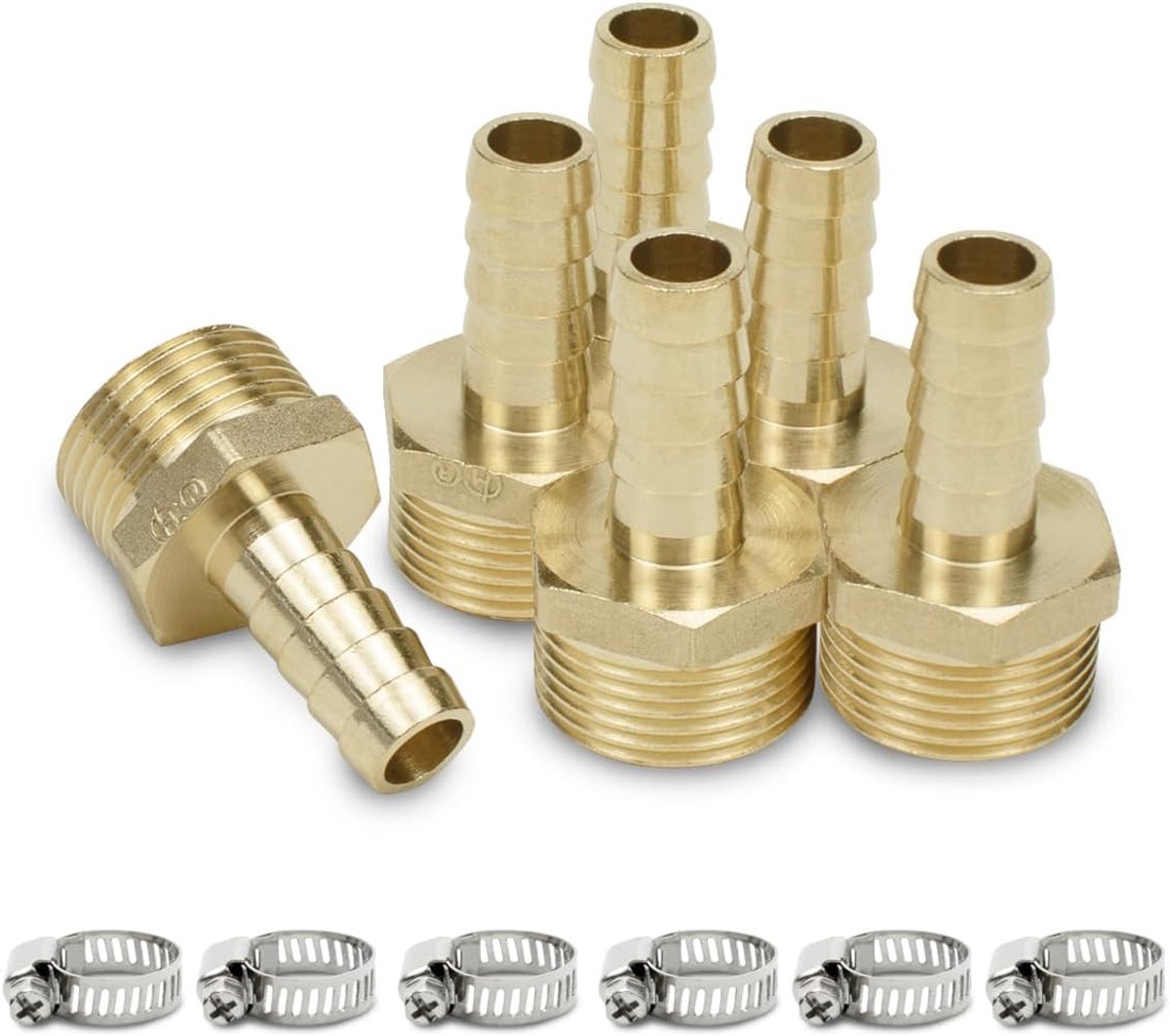 SnelShoppen - 6-delige Tuinslang Koppelingen Set, 3/4" BSP Mannelijk x 10mm Barb Aansluiting met 6 Slangenklemmen, Messing, Duurzaam voor Tuin, Campin