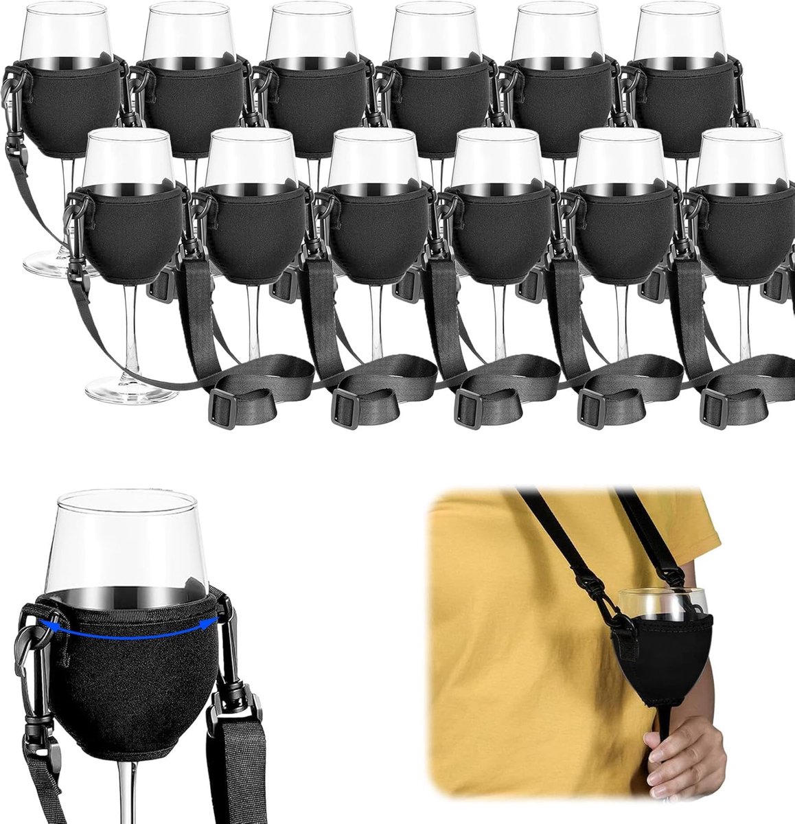 SnelShoppen - 12 Pcs Wine Glass Holders voor Hangen om Nek, Neopreen, Duurzaam en Waterbestendig, Ideaal voor Feest, Buitenactiviteiten, Kerst, Verjaa