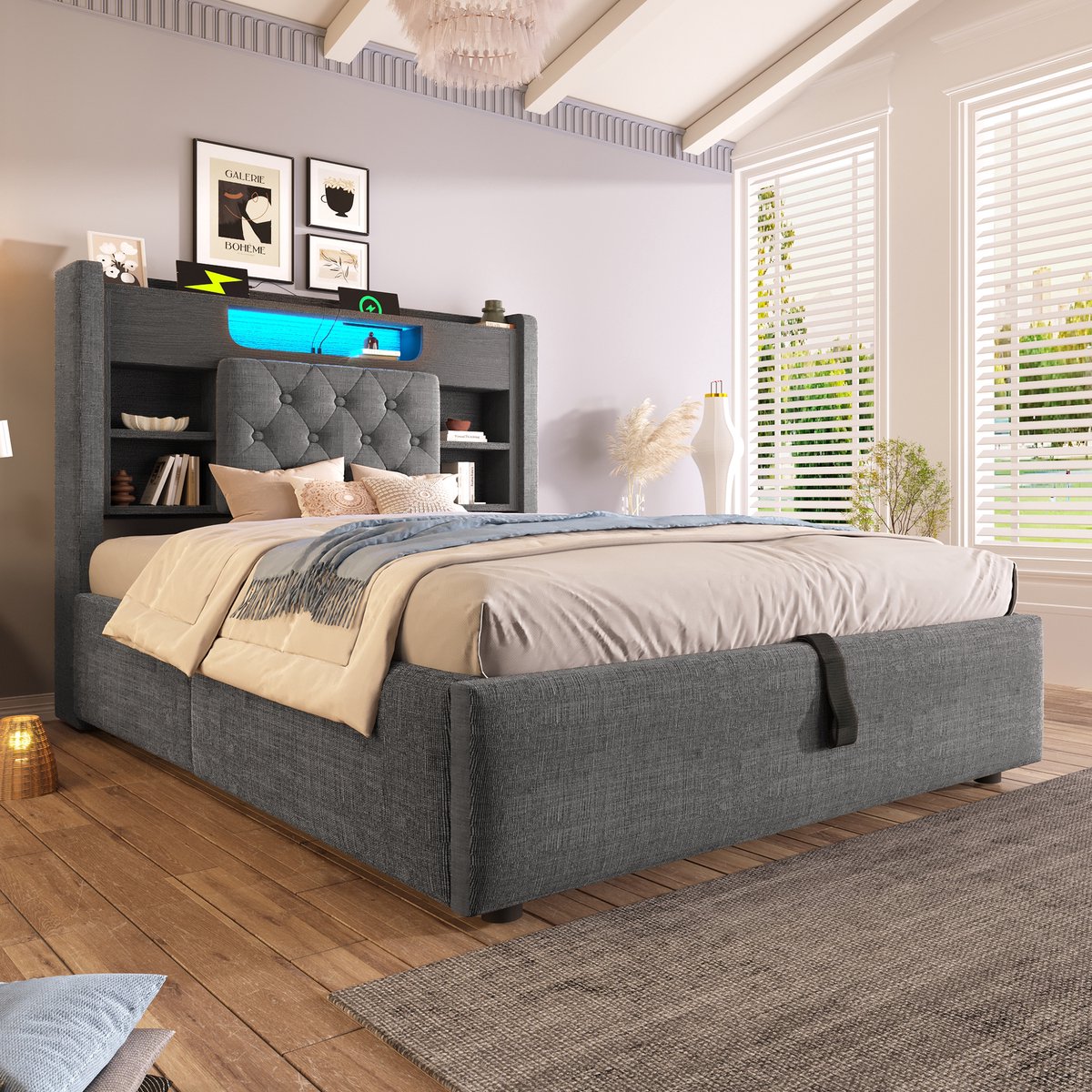 COVREO Bed 90x200 cm - grijs stoffen bed met opbergruimte, LED, USB-C en lattenbodem