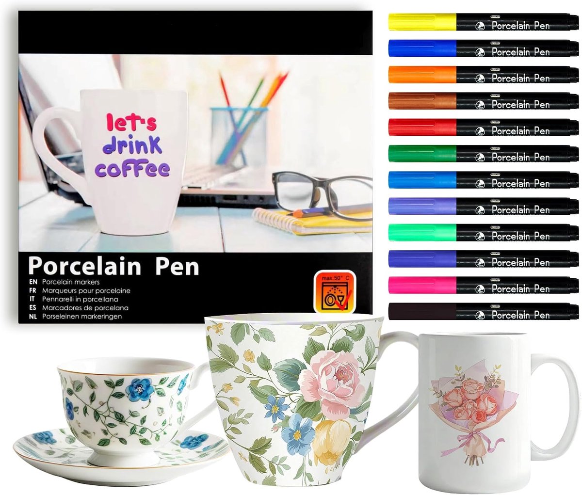 SnelShoppen - Ceramic markers set 12 kleuren, waterdichte porseleinen markers, 2 mm dikte, ideaal voor het ontwerpen van patronen op keramiek, vaatwas
