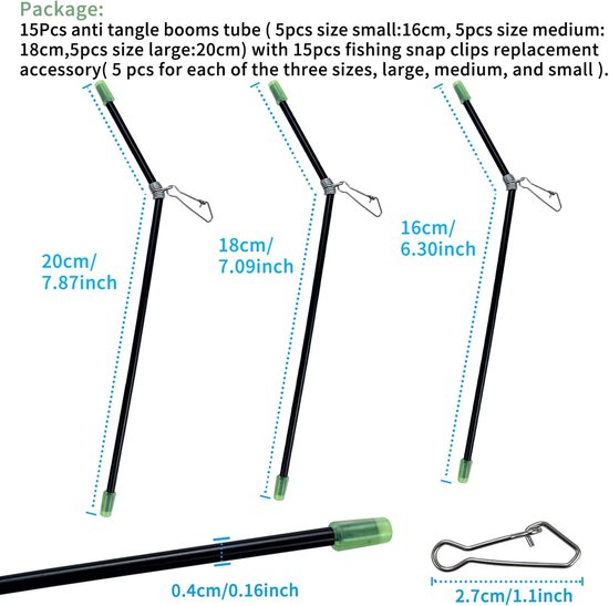 SnelShoppen - 15Pcs Anti Tangle Booms Tube Vissen Accessoires - 3 Maten (16cm, 18cm, 20cm) met 15 Vissnap Clips - Ideaal voor Karper Vissen van Snelshoppen — afbeelding 5