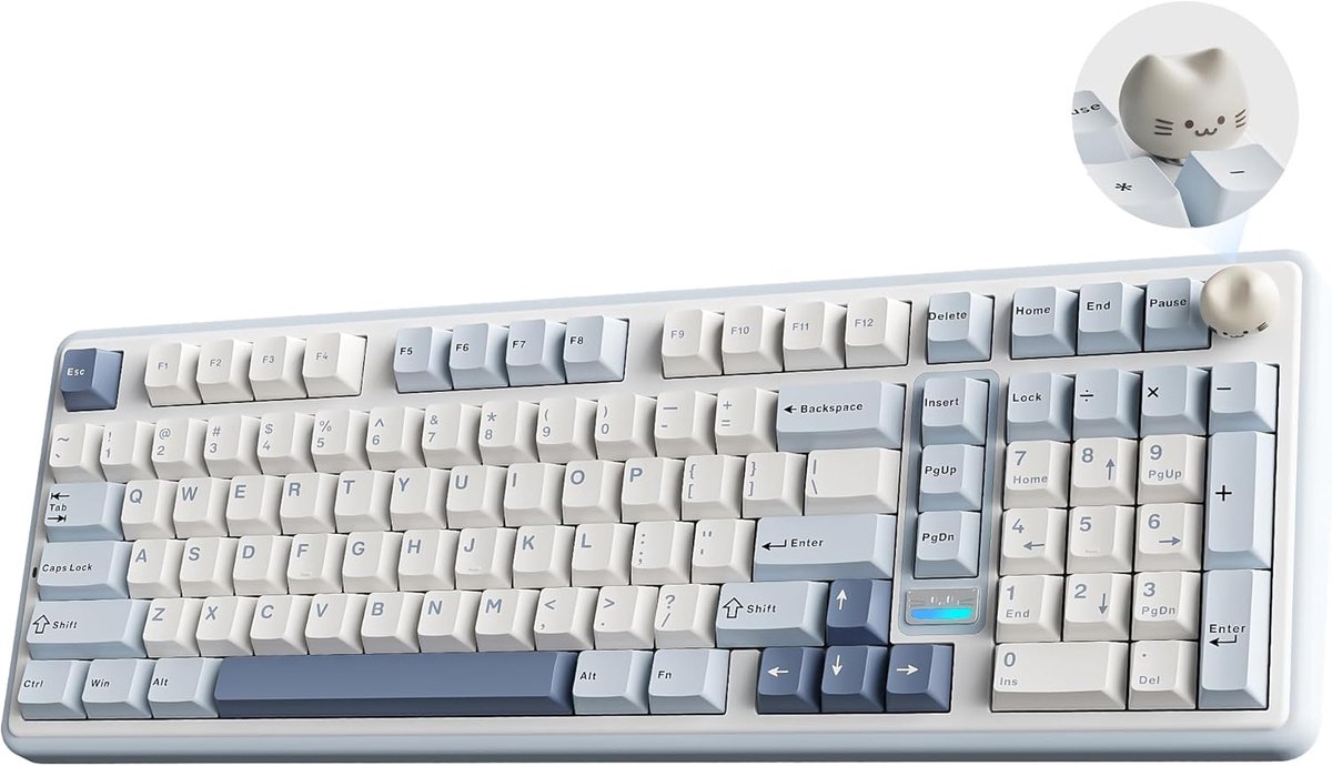 SnelShoppen - Draadloos Mechanisch Gaming Toetsenbord 96% Indeling met Cijferblok, Schattige Kat Button, BT/2.4G/USB-C, Blauw, Milk V2 Lineaire Switch