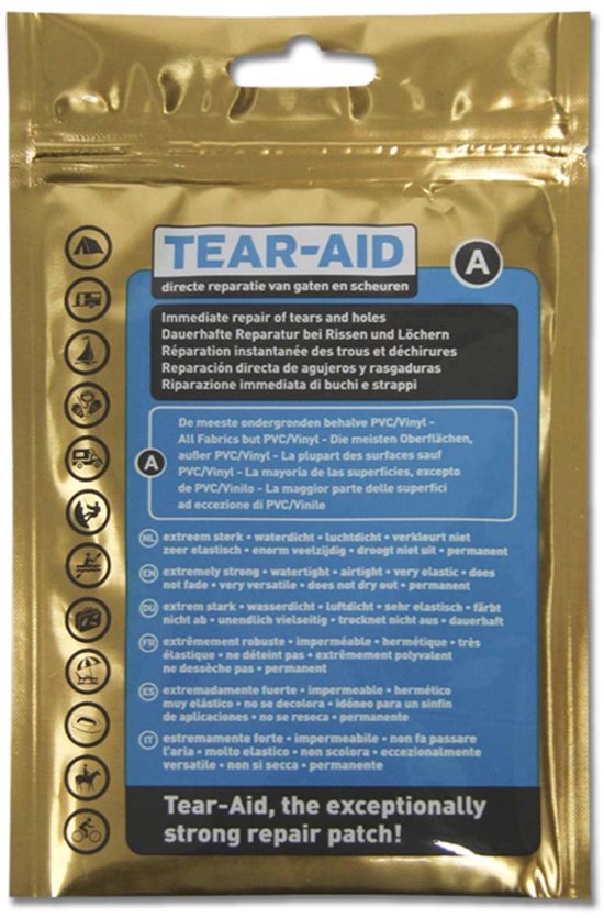 Gouden verpakking met Tear-Aid logo en tekst: 'Immediate repair of tears and holes'.