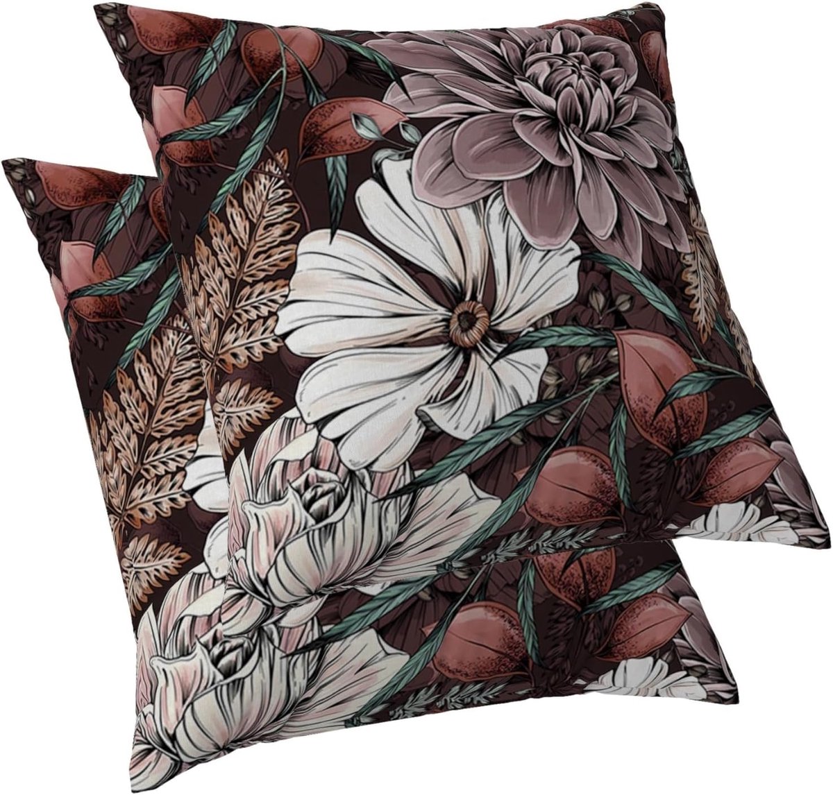 SnelShoppen - Flower Cushion Covers 45 x 45 cm - Kussensloop Flora Bloem Aesthetic Vintage voor Sofa - Set van 2 - Polyester met Linnen Uiterlijk - Pe
