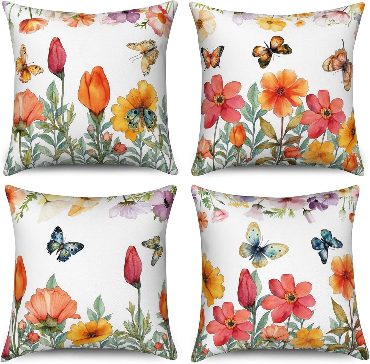 SnelShoppen - Set van 4 Floral Kussenhoezen 45x45 cm Kleurvolle Bloemen Vlinders Decoratieve Kussenslopen Aesthetic Linnen voor Sofa Tuin Buitenhuis D