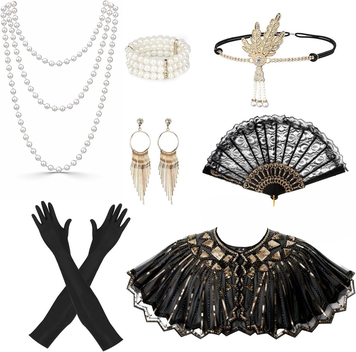 8-delige jaren '20 accessoires voor dames, Great Gatsby thema set met kant vouwfan, sjaal, handschoenen, oorbellen en haarband voor een feestelijke look