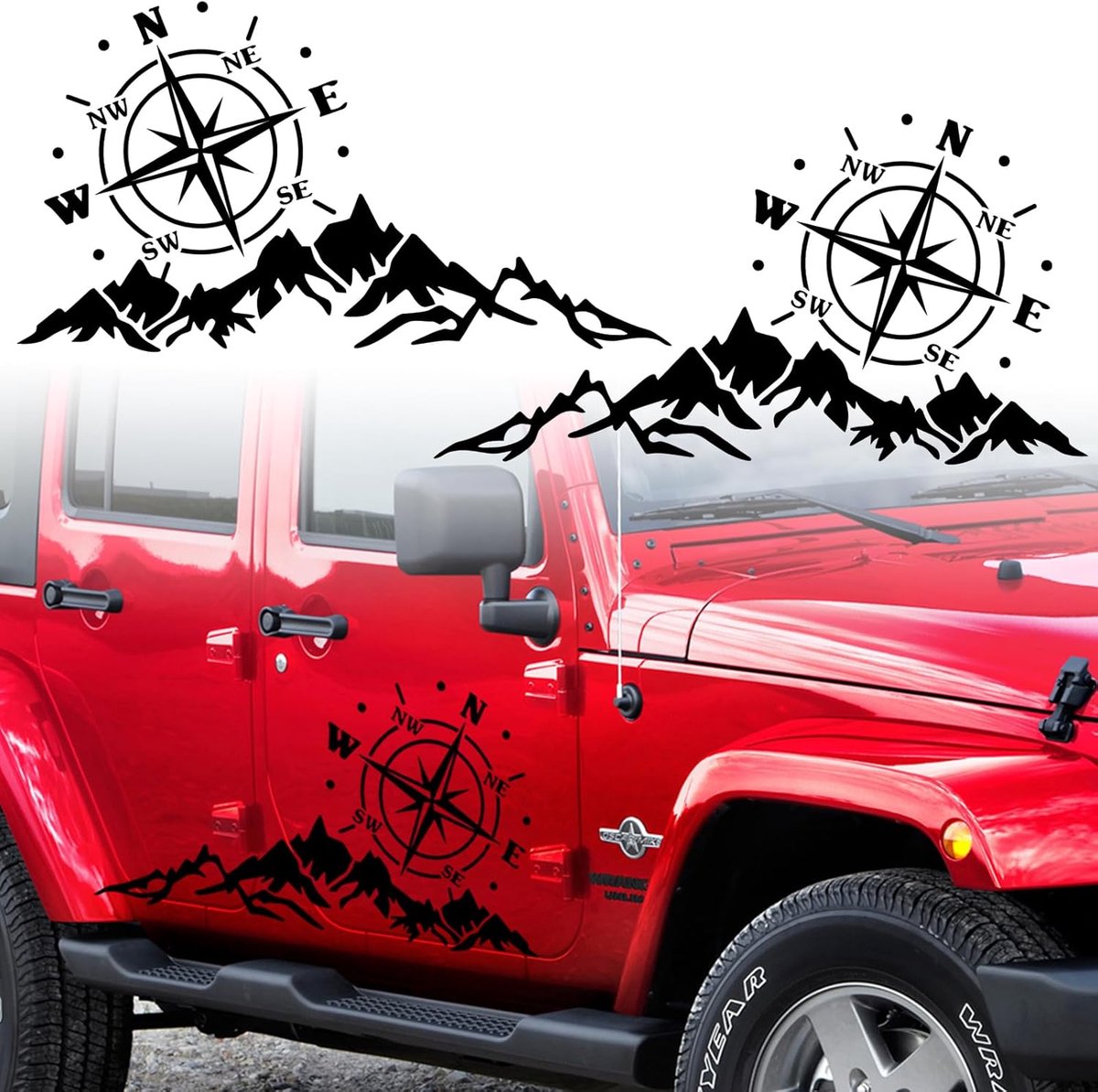 SnelShoppen - 2 Stuks Mountain Compass Stickers Voor Auto - Waterdichte Vinyl Autostickers - Decoratieve Stickers Voor SUV, Motorhome, Offroad - 56x30