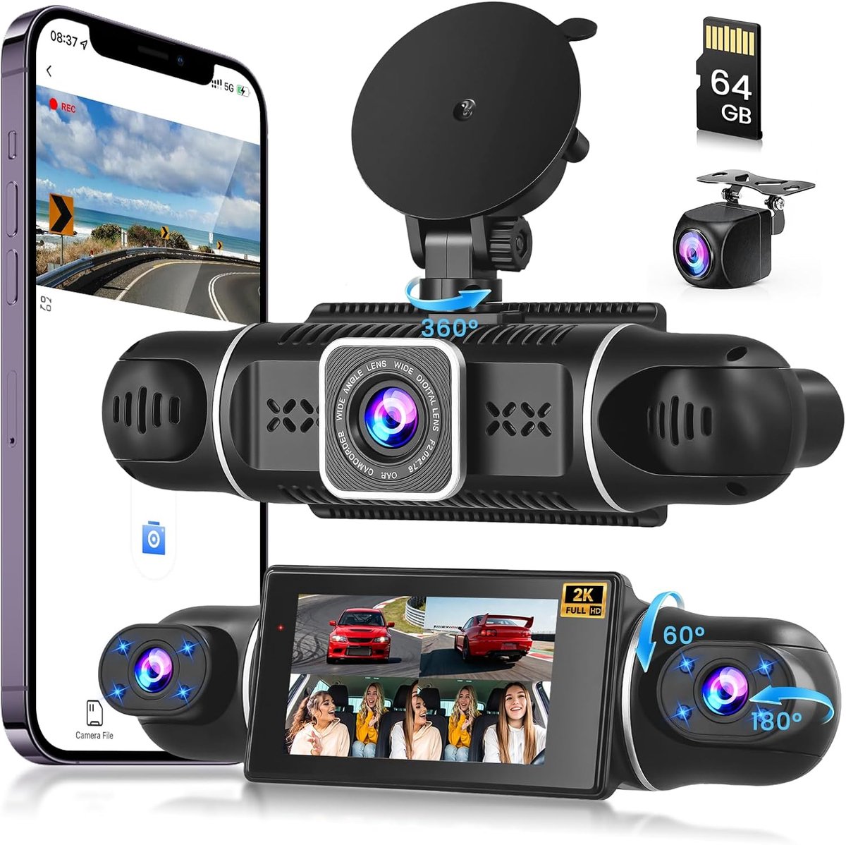 SnelShoppen - 360° Dashcam met 2K Resolutie, 4-Kanaals Beveiligingscamera, 3 Inch IPS Scherm, 64G SD Kaart, Nachtzicht en Parkeerbewaking