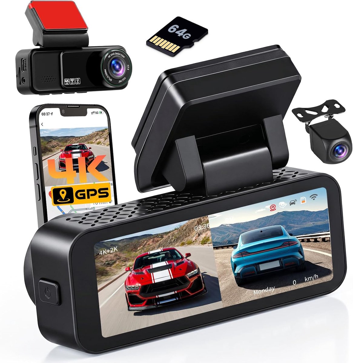 SnelShoppen - Dual Dashcam 4K + 2K Met Nachtzicht, 150° Groothoek, G-Sensor, Parkeerbewaking, 64G TF Kaart, Auto Camera - Ideaal Voor Veilig Rijden