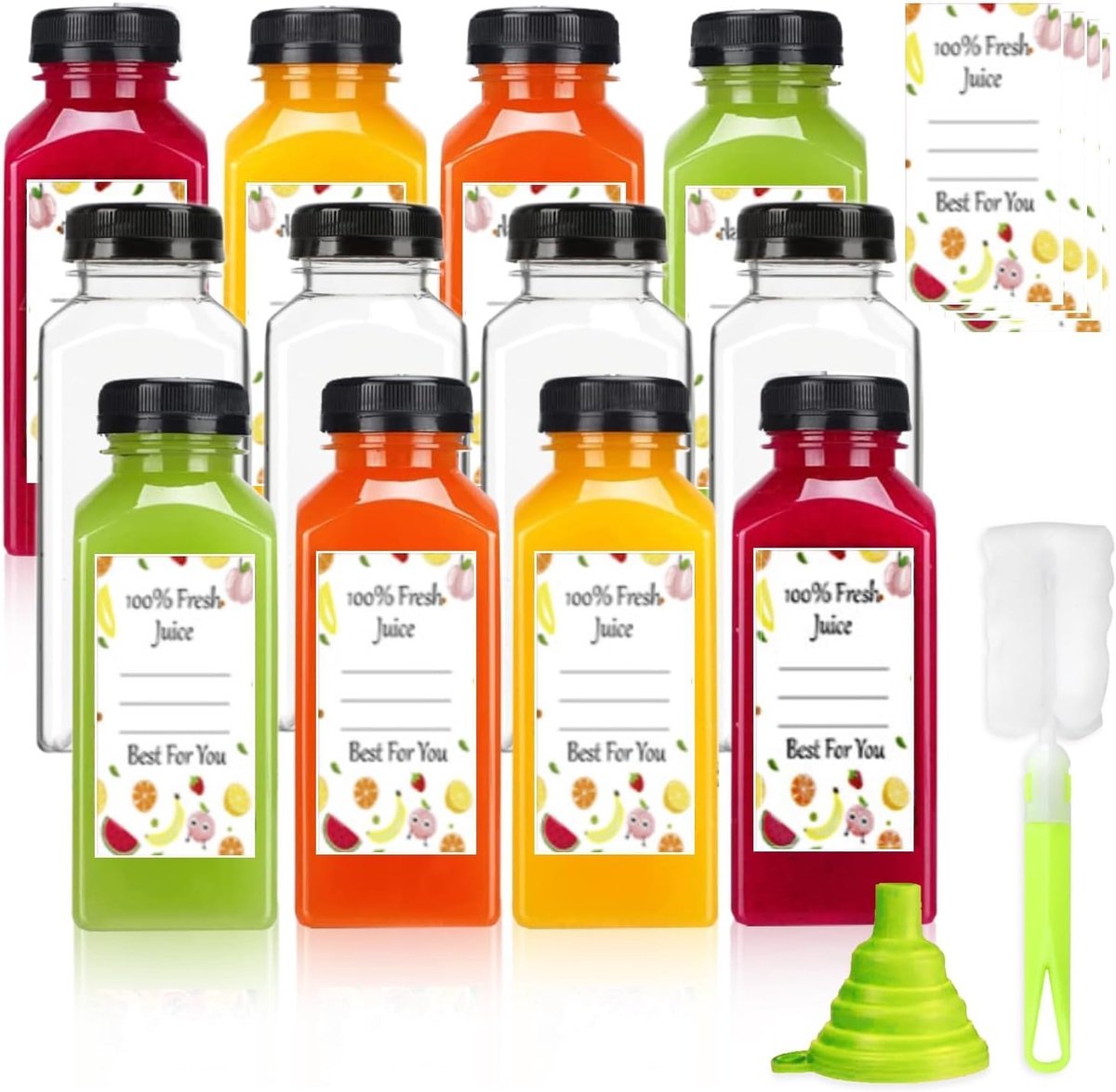 SnelShoppen - 12 Pack Leaflai Juice Bottles 12oz - Herbruikbare Plastic Flessen voor Sap, Melk, Smoothies - BPA-vrij, Lekvrij, Ideaal voor Feest, Camp