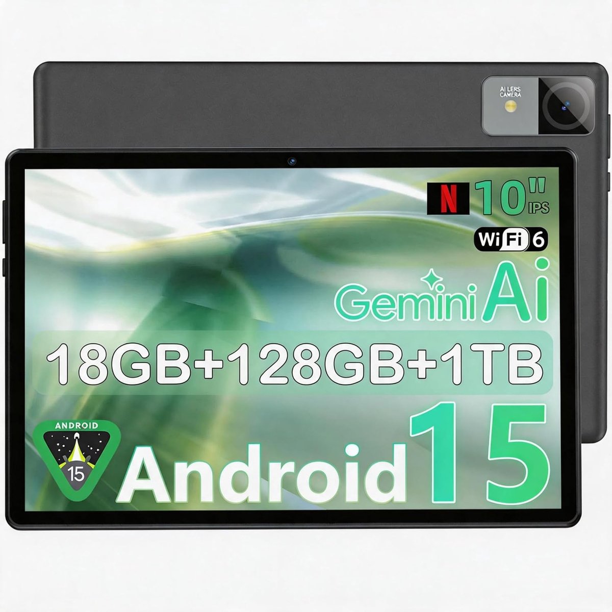 SnelShoppen - 10.1" Android 15 Tablet T30 Octa-Core 18GB RAM 128GB + 1TB TF, IPS 1280x800, 5MP+8MP Camera, 6000mAh, Type-C, Face ID, GPS met Case & Ch
