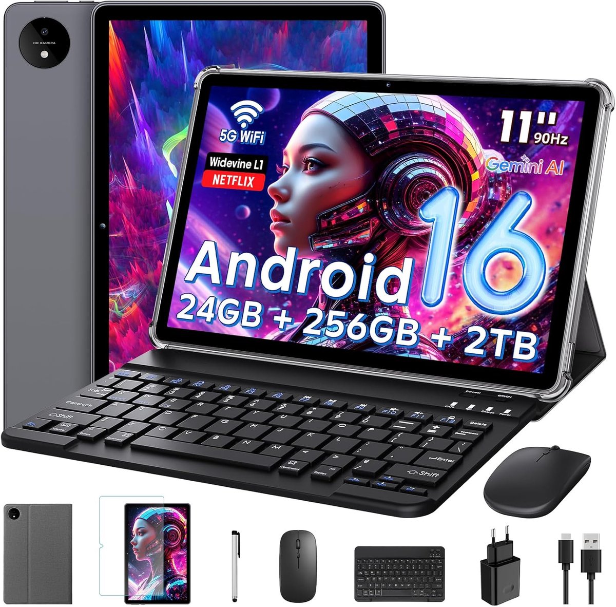 SnelShoppen - Android Tablet 11 Inch met Gemini AI, Octa-Core T7250, 24GB RAM, 256GB ROM (uitbreidbaar tot 2TB), 16MP + 8MP Camera, 8000mAh Batterij,