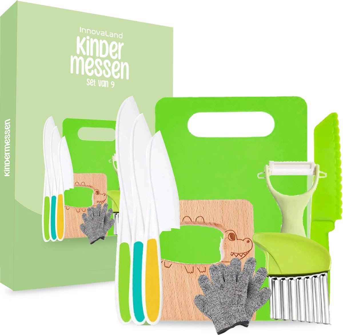 SnelShoppen - Kinderen Bestekset - 9-delige Set Kindermessen - Kindermessen met Snijplank, Schiller en Beschermende Handschoen - Creatief Koken voor K