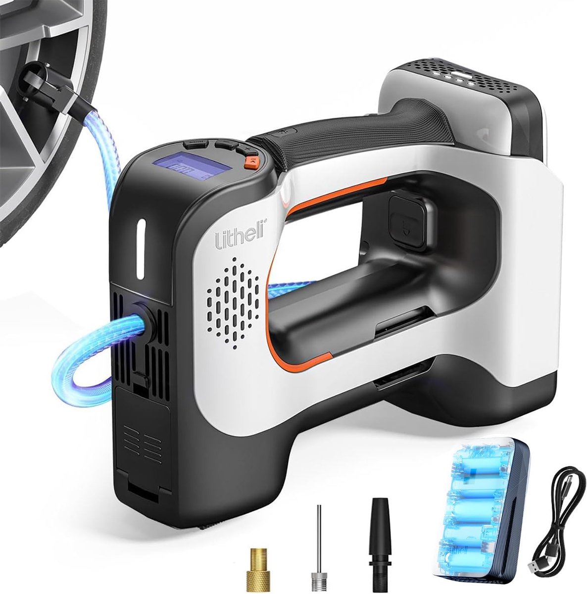 SnelShoppen - Elektrische Luchtpomp, 20V Compressor, 10.000 mAh Accu, Digitale Drukmeter, 160 PSI, Draagbare Pomp voor Auto, Fiets en Sportballen