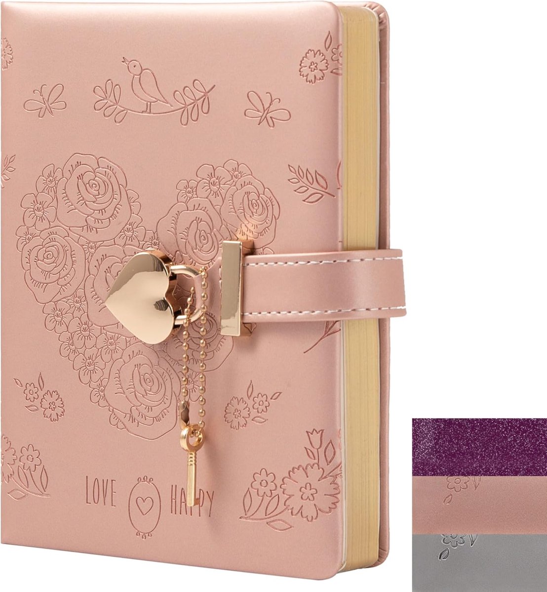 SnelShoppen - Heart Lock Dagboek met Sleutel, Glanzend Paars PU Leer, B6 Schrijfschrift met 144 Lijnen, Perfect Cadeau voor Meisjes en Vrouwen (Bloemr