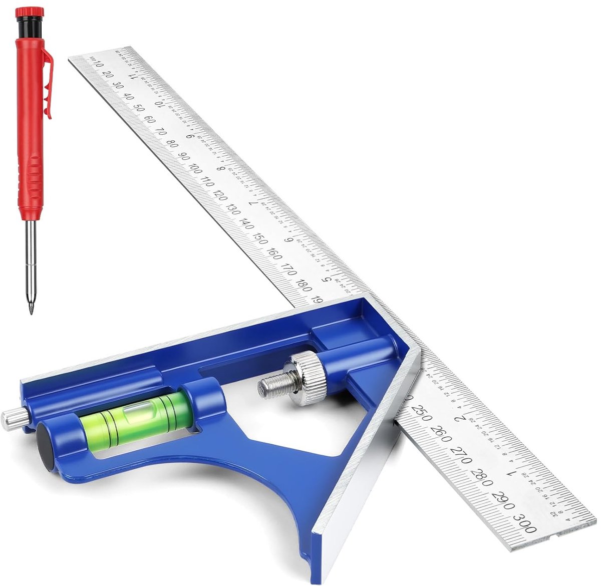 SnelShoppen - 300mm Combinatie Winkelhaak, RVS Hoekmeter met Waterpas & Marker, Multifunctionele Meettool voor Houtbewerking, Timmerwerk, Ingenieurswe