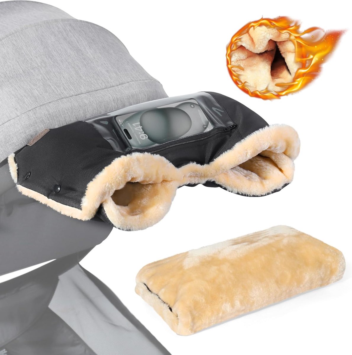 SnelShoppen - Winterhandschoenen voor Kinderwagen - Warme Stroller Gloves met Faux Wol Fleece, Weerbestendige Stroller Muff met Telefoonvak, Zwart, Co