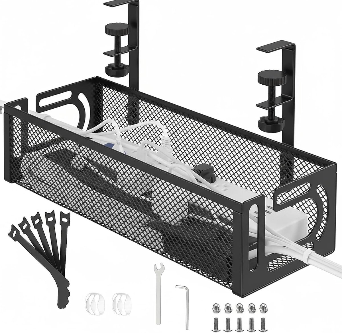 SnelShoppen - Onder Bureau Kabelmanagement Tray, Geen Boren, Metalen Gaas Klem Kabel Organizer, Desk Accessoires voor Kabelbeheer Thuis Kantoor (ZWART