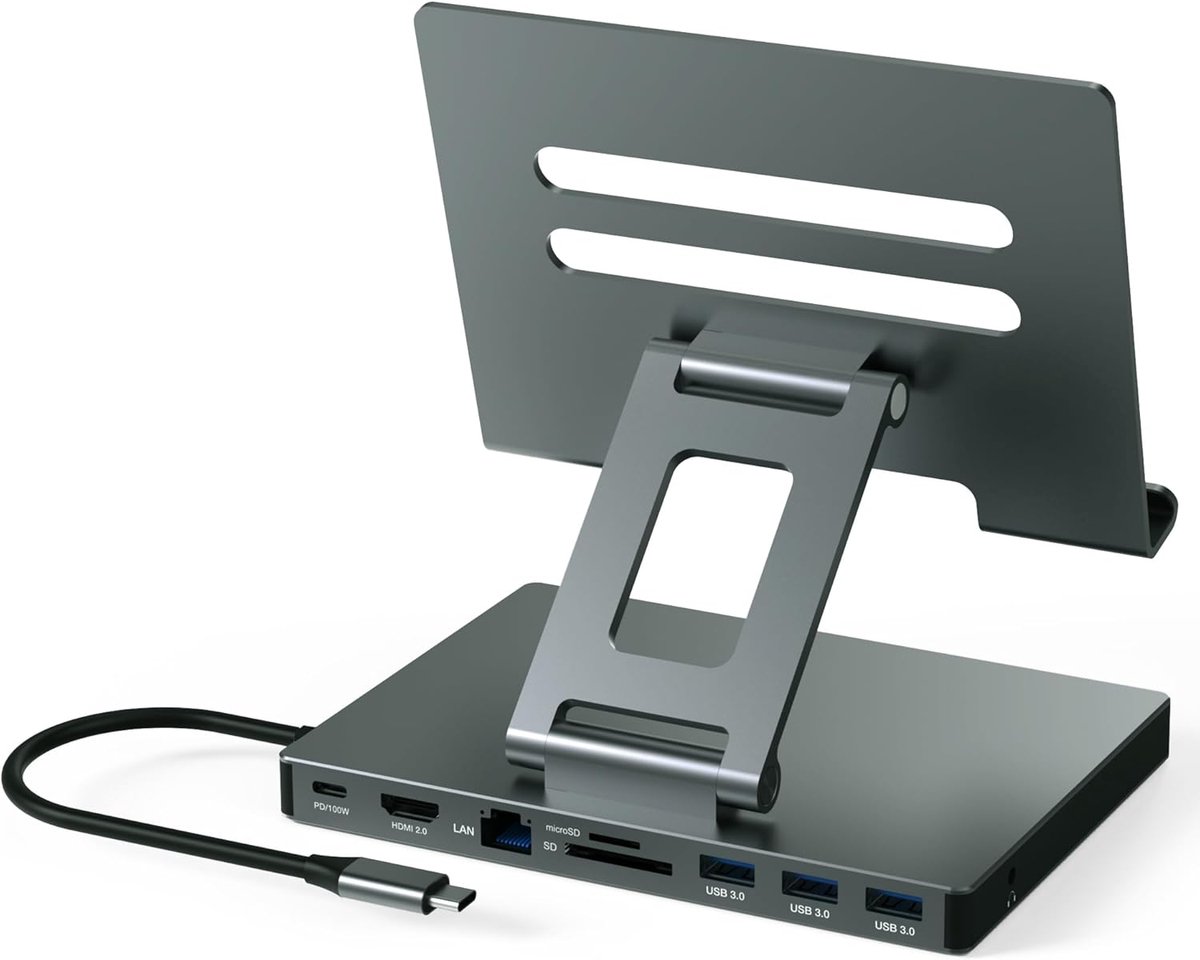 SnelShoppen - 2026 USB C Hub Stand Adapter voor iPad Pro, Air M5 M4 M3, 9-in-1 Docking Station met 4K 60Hz HDMI, RJ45 Ethernet, SD/TF, 3 USB 3.0, 3.5m