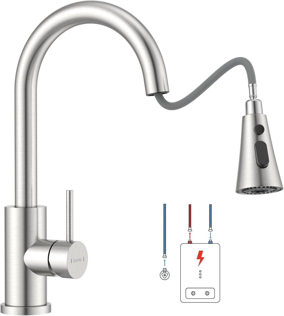 SnelShoppen - Keuken Mengkraan met Laag Druk, Uittrekbare Waterkraan met 3 Spuitstanden, Roestvrijstalen 360° Draaibare Mengkraan voor Waterverwarmer,