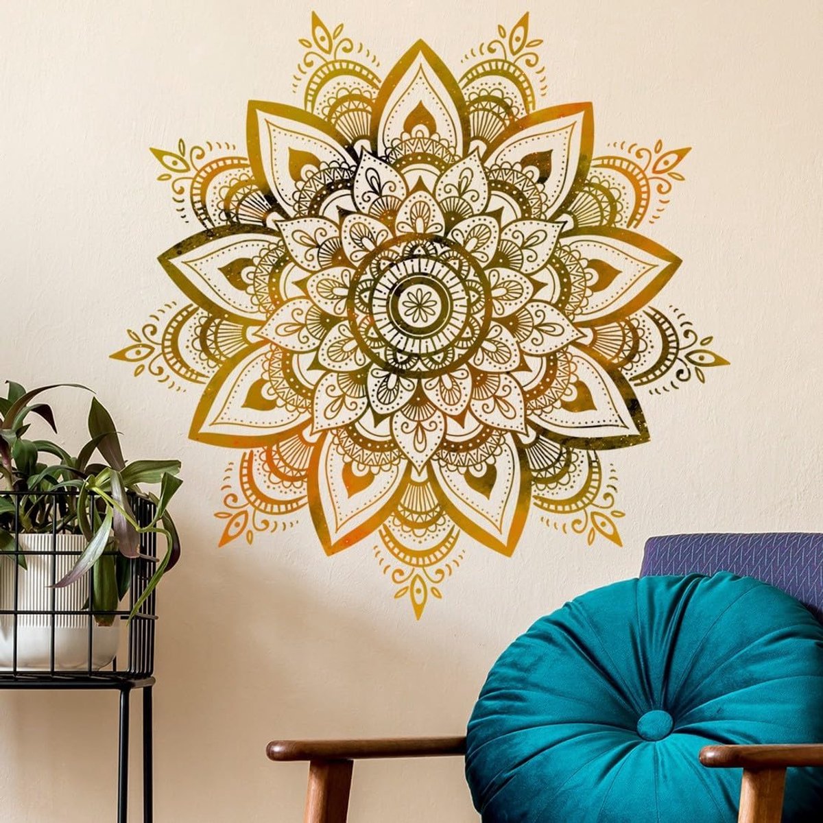 SnelShoppen - Mandala Wanddecoratie Muursticker Goud Geel Boho Stijl Voor Woonkamer Slaapkamer Yogastudio Herbruikbaar Muurdecoratie Sticker (Mandala